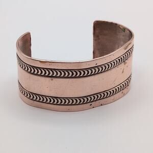 Vintage Bell Trading Post Signed Copper Wide Cuff Etched Southwestern Bracelet